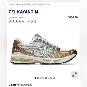 ASICS Gel-Kayano 14 sz 10. White, cream, and Olympic gold. Brand new—never worn.